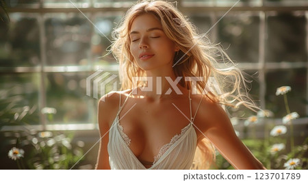 Beautiful woman in a white dress standingof a window.Macro.AI Generative. 123701789