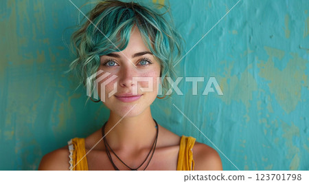 Young woman with short blue hair and beautiful eyes on blue wall background.Macro.AI Generative. 123701798