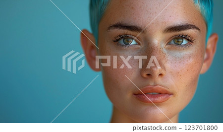 Young woman with short blue hair and beautiful eyes on blue background.Macro.AI Generative. 123701800