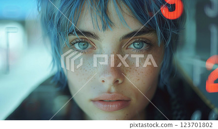 Young woman with short blue hair and beautiful eyes outdoor wearing winter coat.Macro.AI Generative. 123701802