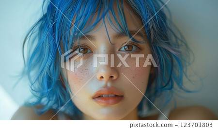 Close up portrait of beautiful asian young woman with short wavy blue hair.Macro.AI Generative. 123701803