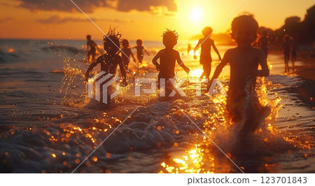 Happy kids having good time on the beach on sunny summer evening.AI Generative. 123701843