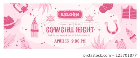 A playful horizontal banner for a cowgirl-themed party featuring pink-toned illustrations of a hat, lantern, dynamite, horseshoe, saloon sign, sheriff badges, cacti, and decorative text on a light 123701877