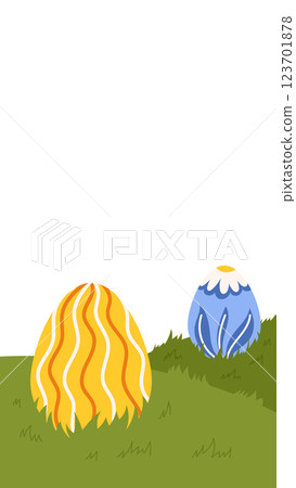 Easter egg hunt grass field background greeting card template vertical banner social media story. 123701878