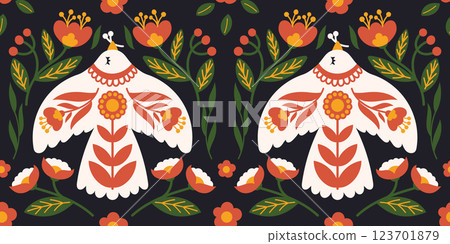 Folk Art Seamless Pattern with Stylized Birds and Floral Elements in Traditional Scandinavian Style on Dark Background. Folk Art Seamless Pattern with Stylized Birds and Floral Elements in Traditional Scandinavian Style on Dark Background. 123701879
