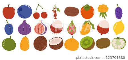Colorful Hand-Drawn Fruit Collection with Exotic and Tropical Fruits in a Modern Flat Style. 123701880