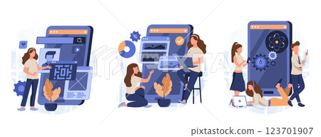 Mobile app development process abstract concept vector illustration set. React native mobile app, experience design, usability testing, user interface, software architecture abstract metaphor. Mobile app development process abstract concept vector illustration set. React native mobile app, experience design, usability testing, user interface, software architecture abstract metaphor. 123701907
