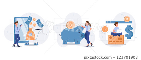 Financial illustration set. Characters paying online and receiving bonus money or reward back on credit card. Cashback, financial savings and money exchange concept. Vector illustration. Financial illustration set. Characters paying online and receiving bonus money or reward back on credit card. Cashback, financial savings and money exchange concept. Vector illustration. 123701908