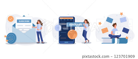 E-mail marketing and promotion illustration set. Characters sending advertising mails and promotional offers with sales and discounts. Ecommerce business concept. Vector illustration 123701909