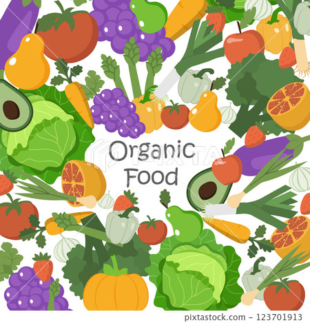 Organic vegetables and fruit food and healthy vegetarian veggie for dietary nutrition. Vector cauliflower or broccoli cabbage vegetable, farm fresh tomato and cucumber or lettuce salad, beet and onion Organic vegetables and fruit food and healthy vegetarian veggie for dietary nutrition. Vector cauliflower or broccoli cabbage vegetable, farm fresh tomato and cucumber or lettuce salad, beet and onion 123701913