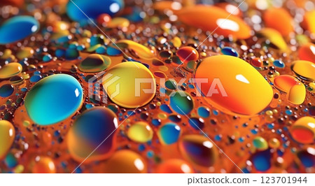 Liquid colorful oil paint bubbles and drops textured background.Macro.AI Generative. 123701944