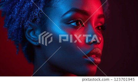 Afro american fashion model beauty portrait in studio using red and blue gel filters.AI Generative. 123701945