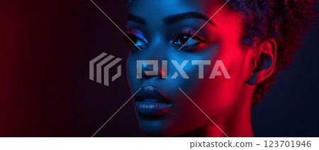 Afro american fashion model beauty portrait in studio.Macro.AI Generative. Afro american fashion model beauty portrait in studio.Macro.AI Generative. 123701946