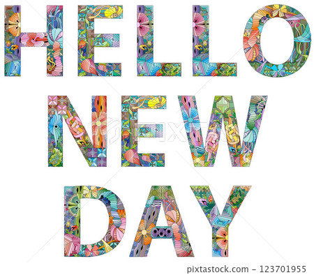 Words HELLO NEW DAY. Colorful typography text banner. Vector the word February Words HELLO NEW DAY. Colorful typography text banner. Vector the word February 123701955