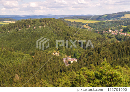 Picturesque countryside view with a small village nestled in a green valley, surrounded by hills 123701990
