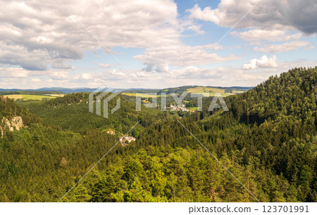 Picturesque countryside view with a small village nestled in a green valley, surrounded by hills 123701991
