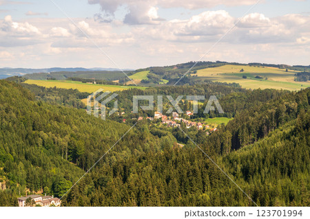 Picturesque countryside view with a small village nestled in a green valley, surrounded by hills 123701994