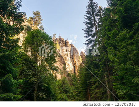 Majestic sandstone cliffs surrounded by lush greenery and forests for tourism, ecotourism 123702013