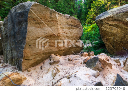 Majestic sandstone cliffs surrounded by lush greenery and forests for tourism, ecotourism Majestic sandstone cliffs surrounded by lush greenery and forests for tourism, ecotourism 123702048