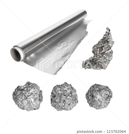 Aluminum Foil Ball Isolated, Wrinkled Aluminium Sphere, Crumpled Tin Material, Abstract Tinfoil Object 123702064