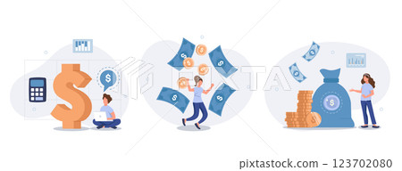 Passive income illustration set. Characters enjoying financial freedom and independence. Successfully and free of debts people planning budget. Vector illustration. 123702080
