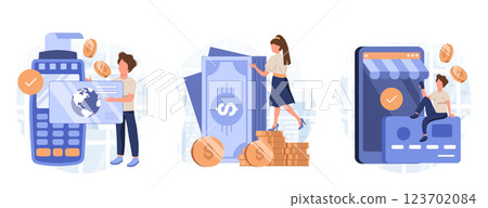 Payment methods illustration set. Characters paying with credit card, cash with banknotes and online by electronic bank transfer. Cash and electronic payments concept. Vector illustration. Payment methods illustration set. Characters paying with credit card, cash with banknotes and online by electronic bank transfer. Cash and electronic payments concept. Vector illustration. 123702084