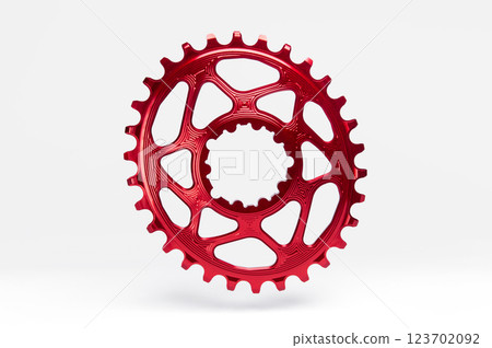 Red oval bicycle chainring against white isolated background, floating above the surface. Professional bicycle part. Red oval bicycle chainring against white isolated background, floating above the surface. Professional bicycle part. 123702092