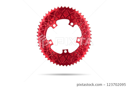 Red oval bicycle chainring against white isolated background, floating above the surface. Professional bicycle part. Red oval bicycle chainring against white isolated background, floating above the surface. Professional bicycle part. 123702095