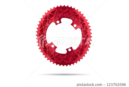 Red oval bicycle chainring against white isolated background, floating above the surface. Professional bicycle part. 123702096