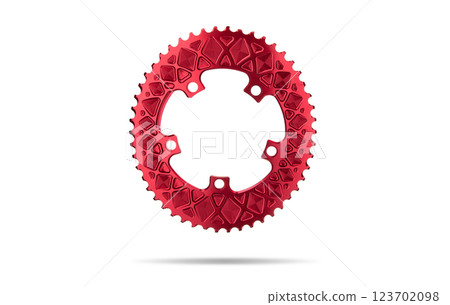 Red oval bicycle chainring against white isolated background, floating above the surface. Professional bicycle part. Red oval bicycle chainring against white isolated background, floating above the surface. Professional bicycle part. 123702098