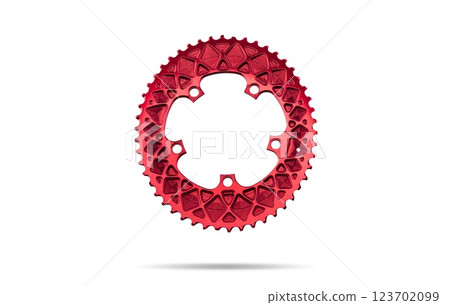 Red oval bicycle chainring against white isolated background, floating above the surface. Professional bicycle part. Red oval bicycle chainring against white isolated background, floating above the surface. Professional bicycle part. 123702099