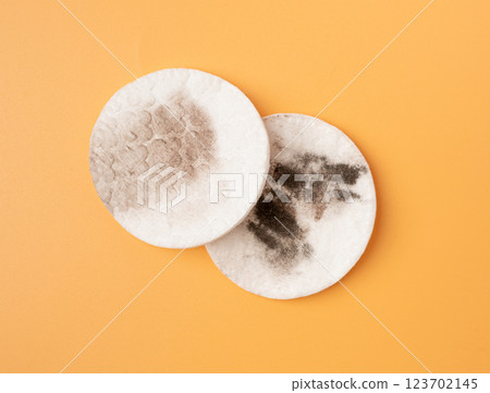 Dirty Cotton Pads, Makeup Removal, Used Cotton Disks after Makeup Cleansing, Removing Make Up 123702145