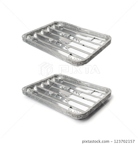 Aluminum Trays for BBQ Isolated, Disposable Grill Tray or Barbecue Tray, White Background 123702157