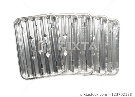 Aluminum Trays for BBQ Isolated, Disposable Grill Tray or Barbecue Tray, White Background 123702158