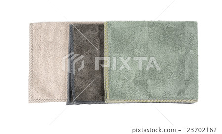 Cleaning cloth isolated, beige, grey, green wipe rag, cleaning microfiber towel, wiping cotton Cleaning cloth isolated, beige, grey, green wipe rag, cleaning microfiber towel, wiping cotton 123702162