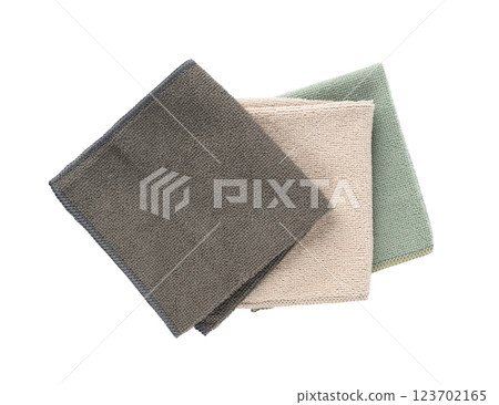 Cleaning cloth isolated, beige, grey, green wipe rag, cleaning microfiber towel, wiping cotton 123702165