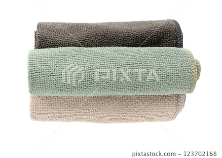 Cleaning cloth isolated, beige, grey, green wipe rag, cleaning microfiber towel, wiping cotton 123702168