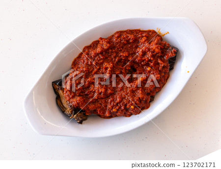 Aubergine appetizer, eggplant saksuka salad Aubergine appetizer, eggplant saksuka salad 123702171