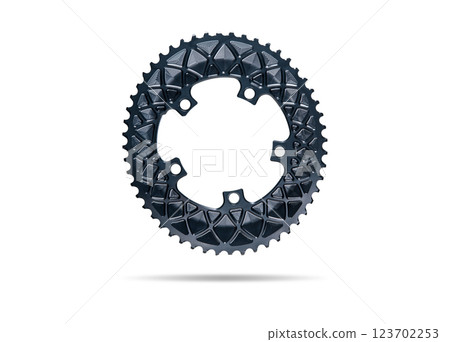 Graphite oval bicycle chainring against white isolated background, floating above the surface. Professional bicycle part. Graphite oval bicycle chainring against white isolated background, floating above the surface. Professional bicycle part. 123702253