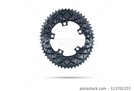 Graphite oval bicycle chainring against white isolated background, floating above the surface. Professional bicycle part. Graphite oval bicycle chainring against white isolated background, floating above the surface. Professional bicycle part. 123702255