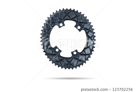 Graphite oval bicycle chainring against white isolated background, floating above the surface. Professional bicycle part. Graphite oval bicycle chainring against white isolated background, floating above the surface. Professional bicycle part. 123702256
