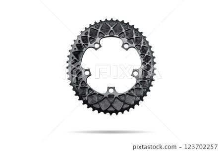 Graphite oval bicycle chainring against white isolated background, floating above the surface. Professional bicycle part. 123702257