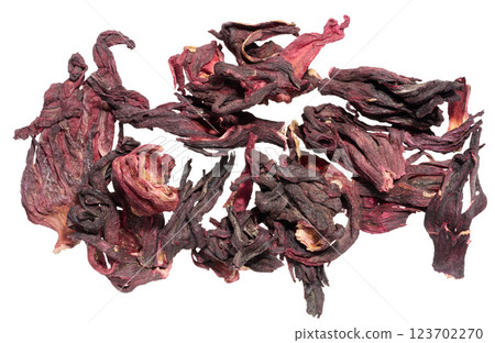 Dried hibiscus petals ,karkade flower with a deep red color and wrinkled texture.Used for herbal tea, antioxidants 123702270