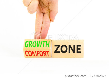 Comfort or growth zone symbol. Concept words Comfort zone Growth zone on wooden cubes. Beautiful white table white background. Psychologist hand. Business comfort or growth zone concept. Copy space. Comfort or growth zone symbol. Concept words Comfort zone Growth zone on wooden cubes. Beautiful white table white background. Psychologist hand. Business comfort or growth zone concept. Copy space. 123702323