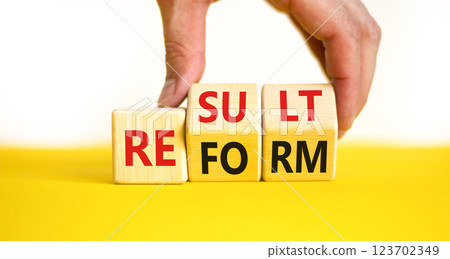 Reform and result symbol. Concept words Reform Result on beautiful wooden block. Beautiful yellow table white background. Businessman hand. Business Reform and result concept. Copy space. 123702349