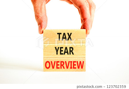Tax year overview symbol. Concept words Tax year overview on beautiful wooden blocks. Beautiful white background. Businessman hand. Business tax year overview concept. Copy space. 123702359