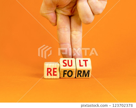 Reform and result symbol. Concept words Reform Result on beautiful wooden block. Beautiful orange table orange background. Businessman hand. Business Reform and result concept. Copy space. 123702378