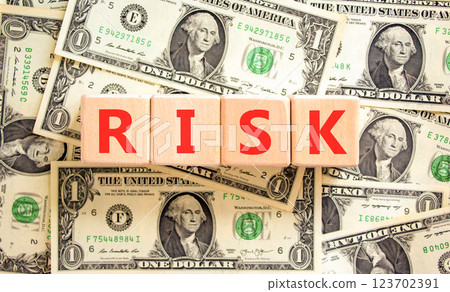 Risk symbol. Concept word Risk on beautiful wooden blocks. Dollar bills. Beautiful background from dollar bills. Business, lifestyle, support and risk concept. Copy space. 123702391