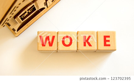 Woke question symbol. Concept word Woke question on beautiful wooden blocks. Beautiful wooden house. Beautiful white background. Business, lifestyle, support and woke question concept. Copy space. Woke question symbol. Concept word Woke question on beautiful wooden blocks. Beautiful wooden house. Beautiful white background. Business, lifestyle, support and woke question concept. Copy space. 123702395