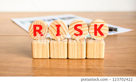 Risk symbol. Concept word Risk on beautiful wooden circles on wooden blocks. Beautiful wooden table white background. Business, lifestyle, support and risk concept. Copy space. 123702422
